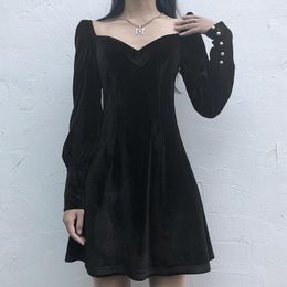 Casual Dresses Autumn Black Red Velvet Dress Y2k Vintage Dark Goth Women V-neck Pearl Buckle Sweet Long Sleeve Split Mini Party Female