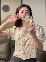 Women's Blouses 2023 Summer Sweet Floral Wood Ears Square Collar Buttoned Puff Sleeve Shirt Top Blouse Female