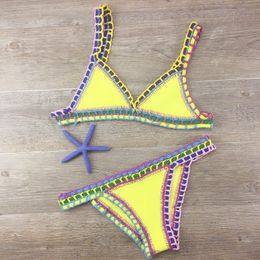 Women's Bikini Hand Crocheted Knit Patchwork Swimsuit Women Swimwear Beach Vacation Halter Top Maillot Biquini Bathing Suits 268