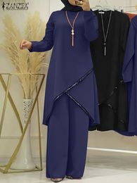 Ethnic Clothing ZANZEA Fashion Muslim Women Long Sleeve Blouse Abaya Suits Sequins Islamic Loose Matching Sets 2PCS Urban Tracksuit 230317