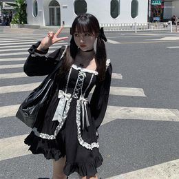 Casual Dresses Dress Women Black Japanese Style Ruffles Fairy Bow Butterfly Sleeve Clothes Harajuku Kawaii Female Girls Clothing Vestidos