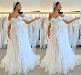 Beach Country Style A Line Wedding Dresses For Bride Sweetheart Off Shoulder Tulle Applique Lace Bridal Gowns Boho Bohemian Sweep Train Second Reception Dress