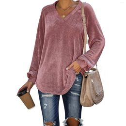 Women's T Shirts Autumn Corduroy Tshirt For Women Solid Color Long Puff Sleeve V Neck Shirt Casual Tunic Top Pullovers Femme T-shirts