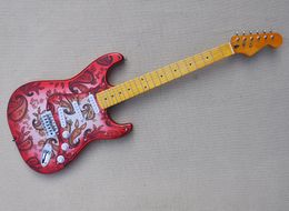 Guitarra elétrica vermelha com adesivo de flor amarelo bordo -braço sss captadores pode ser personalizado