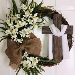 Decorative Flowers DIY Easter Wreath With Cross Spring Decoration Front Door Garland Wall Hanging Home Farmhouse Artificial Decor