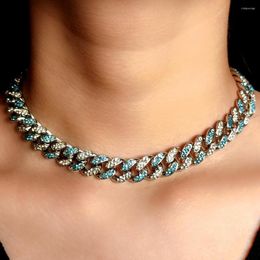 Chains Trendy Iced Out Blue Crystal Cuban Choker Necklace For Women 13MM Paved 2 Row Rhinestone Link Chain Hip Hop Jewellery