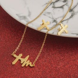 Necklace Earrings Set Heartbeat ECG Charm Cross Pendant Cardiogram Jesus For Women Valentines Gift