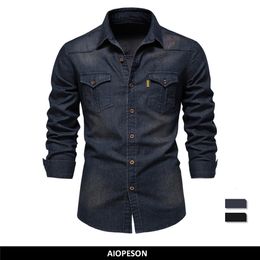 T Men s Shirts AIOPESON Brand Elastic Cotton Denim Shirt Long Sleeve Quality Cowboy Shirts for Casual Slim Fit s Designer Clothing 230317