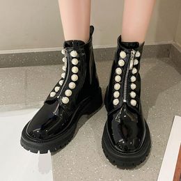 Boots Rimocy Fashion Women's Pearls Ankle 2023 Autumn Front Zipper Thick Heels Woman Patent Leather Platform Shoes Mujer