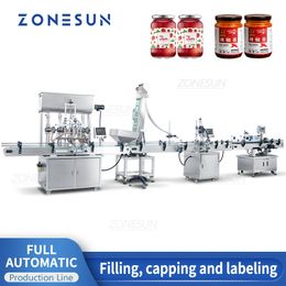 ZONESUN Automated Production Line for Chilli Sauce Twist Off Cap Round Bottle Glass Jar Filling Capping Labelling Machine