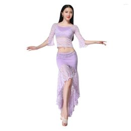 Stage Wear Elegant Women Belly Dancing Clothes Floral Lace Stretch Top And Skirt Flare Sleeves Bellydance Class For Girls