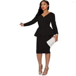 Casual Dresses Women's Autumn Winter Long Sleeve OL V Neck Back Zipper Hip Wrap Dress Solid Color Fashion Elegant Female Clothes