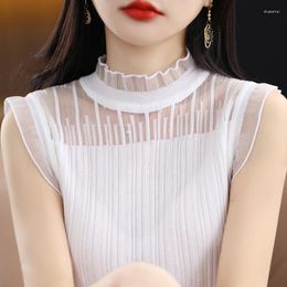 Casual Dresses Summer Sleeveless Knit Shirts Women Elegant Mesh Tank Tops Solid Blouse Office Lady Loose Stand Bottoming Shirt 24843