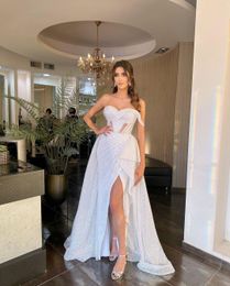 Stylish Mermaid Prom Dresses Sleeveless Sweetheart Appliques Shiny Sequins Floor Length Beaded Hollow Side Slit Evening Dress Bridal Gowns Plus Size Custom Made