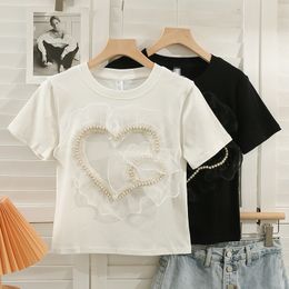 Women's T-Shirt Beaded Sequins Love Short Sleeve T-shirt For Women Summer Korean Style Loose Flounce Patchwork Solid Color Top Fashion Tees 230317