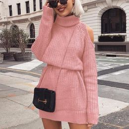 Casual Dresses Turtleneck Off Shoulder Knitted Dress Women 2023 Solid Plus Size Long Pullovers Autumn Winter Knitting Jumper Sweater