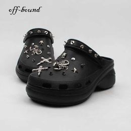 Slippers 2023 Summer Women Shoes Garden High Heels Punk Metal Charms Clogs Black Sandals Platform Slippers Casual for Female 230317