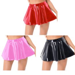 Skirts Womens Latex Skirt for Rave Party Club Dance Stage Performance Costume Clubwear Woman Wetlook Patent Leather Flared Mini Skirts