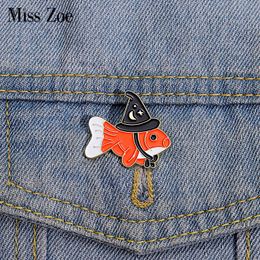 Goldfish Enamel Pins Custom Witch Hat Brooches Shirt Collar Lapel Badges Cute Funny Animal Wizard Jewellery Gift for Kids Friends