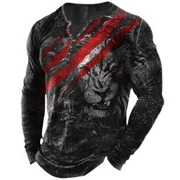 Men's T-Shirts Vintage Cotton Men Long Sleeve 3D Lion Print op Oversized Clothes O Neck Casual ee Male Streetwear 230317