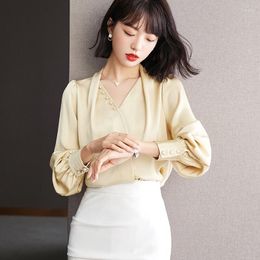 Women's Blouses Pinkoz Elegant Vintage Yellow Buttons Lace Upbow Collar Spring Autumn Blouse For Women Chic Blusas Mujer De Moda Femme Shirt