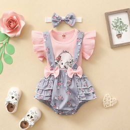 Clothing Sets 0-18M Girls Summer 3-Pack Suit Short Sleeve Ruffled Baby Elephant Stripe Jumpsuit Elephant Print Slip Dress Pink Headband