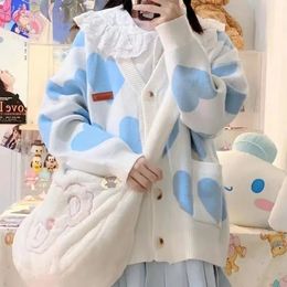 Women's Knits Tees Kawaii Top Japanese Style Heart Print Blue Knitted Cardigan Sweater Women Cute Harajuku Preppy Fashion Vneck Jumper Female 230317