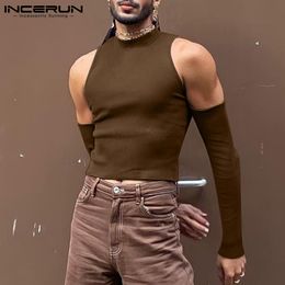 Men's T-Shirts INCERUN Men T Shirt Solid Color Turtleneck Long Sleeve Off Shoulder Casual Camisetas Hollow Out Streetwear Sexy Crop Tops 230317