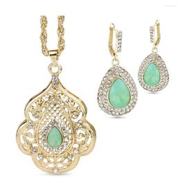 Necklace Earrings Set Sunspicems Arabic Bridal Wedding Jewellery Mint Green Crystal Women Earring Morocco Caftan Bijoux 18K Gold Colour Gift