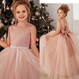 Girl Dresses Puffy Princess Tulle First Communion Pearls Belt Flower Dress Wedding Party Baby Birthday Dre
