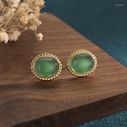 Stud Earrings 2023 Vintage Simple Style For Women Gold Plated Copper Alloy Needle Inlaid Oval Natural Emerald Jade