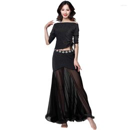 Stage Wear Fashion Women Belly Dance Clothing Stretchy Shinny Fabric Off Shoulder Ruffles Maxi Long Skirts Bellydance Costume Set 2pcs