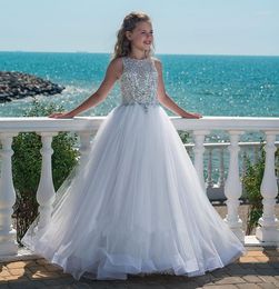 Girl Dresses Sparkly Crystals Silver Beading Flower Dress For Wedding O Neck Puffy Tulle Dot Netting Girls Pageant Custom Made