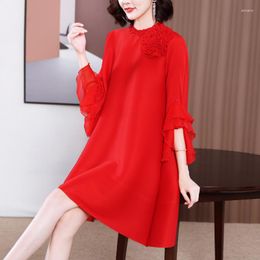 Casual Dresses Red Dress For Women 45-75kg 2023 Spring Three Quarter Sleeves Loose A-Line Stretch Miyake Pleated Clothes Knee Length