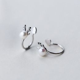 Backs Earrings Real 925 Sterling Heart Clip Pearl Antlers Female Pure Silver Unusual Products Gifts For March 8