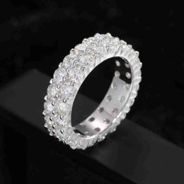 Fine Jewelry 925 Sterling Silver 2 Rows 3mm Vvs Moissanite Diamond Iced Out Cluster Tennis Finger Ring for Women Girls