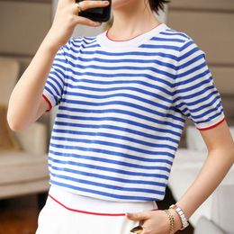 Women's T-Shirt OUMENGKA Women Summer Harajuku T-Shirts Thin Knitting Stripe O-Neck Tops Women Short Sleeve Stretchy Casual Blue Tee Femme 230317