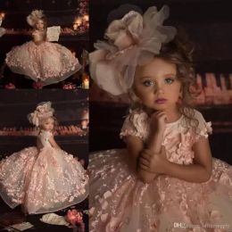 Petal Power Pink Girls Pagenat Dresses Princess Crew Neck 3D LACE APPLIKES CAP SLEEVE Lång formell Flower Girl Dres