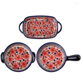 Bowls Vintage Ceramic Bakeware Household Hand Painted Salad Plate Binaural Baking Pan Single Handle Bowl For Kitchen Cooking