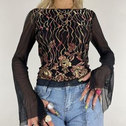 Women's T Shirts Women's Stylish Backless T-Shirts Mesh Flared Sleeve Flower Embroidery Patchwork Fitting Wild Casual Back See Though