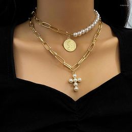 Chains Fashion Coin Cross Pearl Necklaces Multi-layers Resin Necklace For Women Bohemian Long Chain Choker Trendy 2023 Jewellery