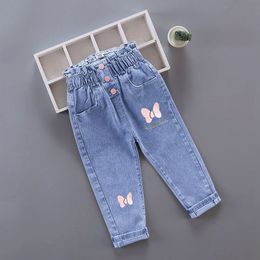 Jeans Kids Girl Jeans Floral Cartoon Long Pants Spring Autumn Graffiti Painting Print Casual Trousers with Hole Children Denim Pants 230317