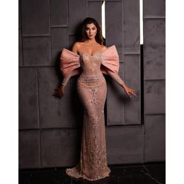 NEW Shiny Sequins Beads Prom Dresses Elegant Pink Mermaid Evening Dress Custom Made Long Sleeves Glitter Women Celebrity Party Gown GB1006