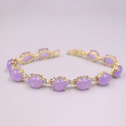 Link Bracelets Real Jade Gp Bracelet 18K Gold Plated For Women Zircon Shiny Heating Jewellery Alloy Purple Jadeite 18.5cmL