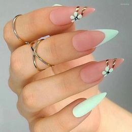 False Nails 24pcs Long Almond Fake French With Green Frosted Small Flower Blue Rhinestone Designs Nail Tips Press On