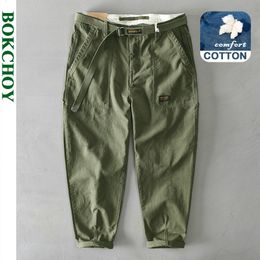 Men's Pants Autumn Winter Pure Cotton Men Cargo Korean Style Male Casual Loose Belt Mid Waist Slim Fit Pencil Trouser GAZ329 Z378 230317