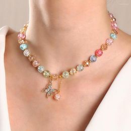 Choker Cute Butterfly Pendant Colorful Beaded Short Clavicle Chain Necklace For Women Girls Jewelry AM4322