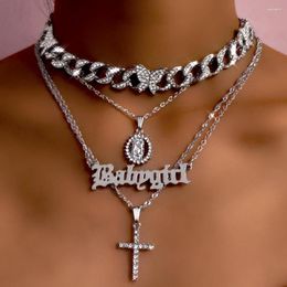 Chains Bling Rhinestone Cuban Link Butterfly Chain Necklace For Women Multi-layer Golden Letter Cross Pendant Hip Hop Jewelry