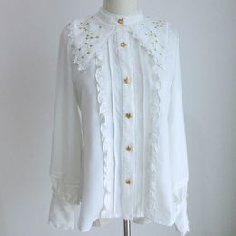 Women's Blouses Shirts Sweet Embroidered Lolita Shirt Sailor Collar Chiffon Blouse for Women 230317