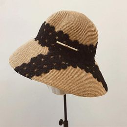Wide Brim Hats Women Roll Up Packable Straw Hat White Black Lace Flower Summer Sun Cloche Beach Fedora Travel 55-59cmWide HatsWide
